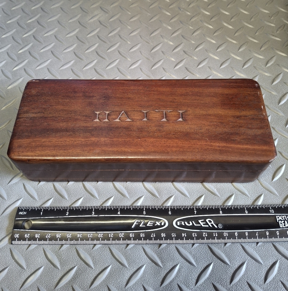 Hand-Carved Wooden Box – “Haiti” Etched Lid – 10"x3.5"x2" – Vintage Folk Art